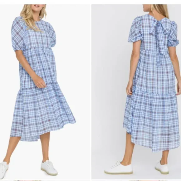 English Factory | Dresses | English Factory Check Tiered Midi Dress In Blue  S | Poshmark